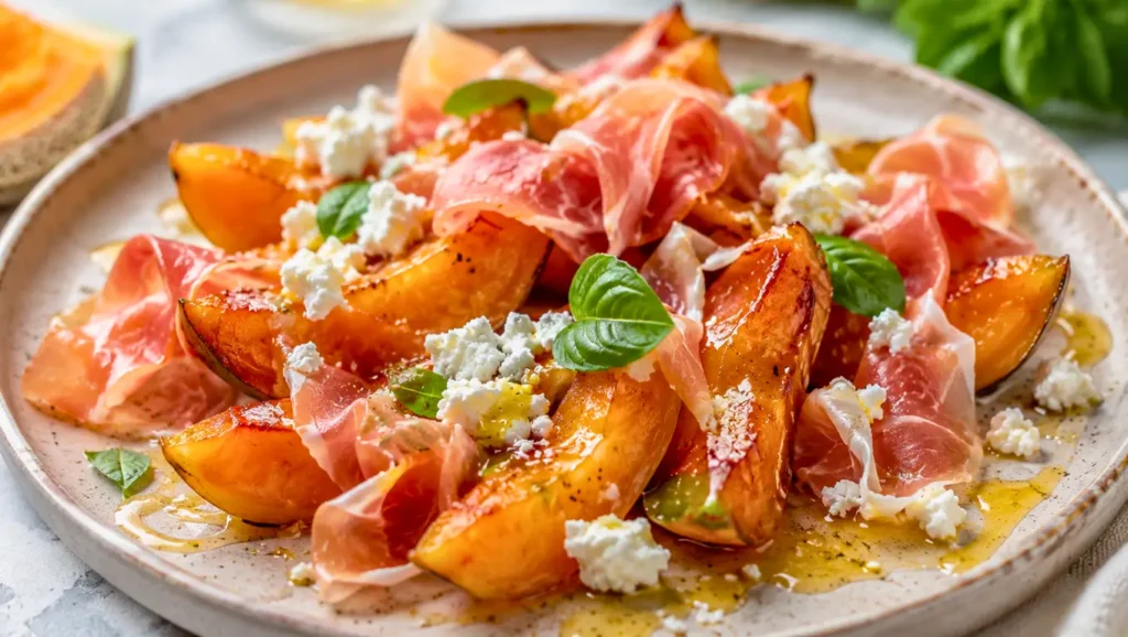 Quartiers de melon rôti au miel garnis de feta émiettée et de jambon cru, dressés en entrée estivale sur une assiette.