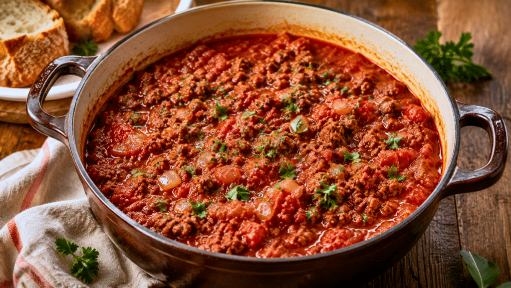 Ragoût de bœuf haché à l’ancienne mijoté à la tomate, servi dans un bol rustique avec une sauce épaisse et des herbes fraîches