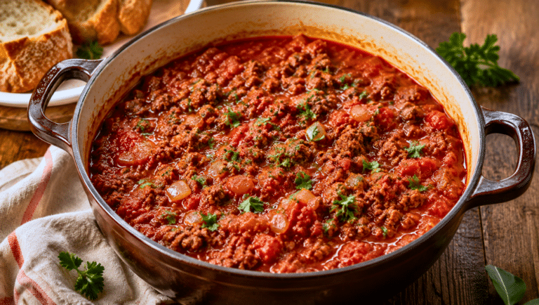 Ragoût de bœuf haché à l’ancienne mijoté à la tomate, servi dans un bol rustique avec une sauce épaisse et des herbes fraîches