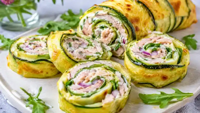 Roulé de courgette gratiné farci au thon, fromage frais, roquette et oignon rouge, tranché en rondelles