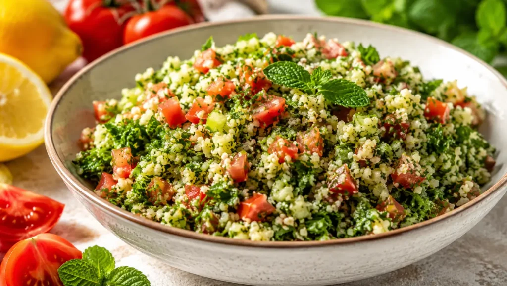 Bol de taboulé frais aux tomates, herbes et citron, préparé avec une semoule hydratée à froid