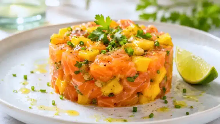 Tartare de saumon frais à la mangue, dressé en cercle avec ciboulette, persil, citron vert et filet d’huile d’olive.