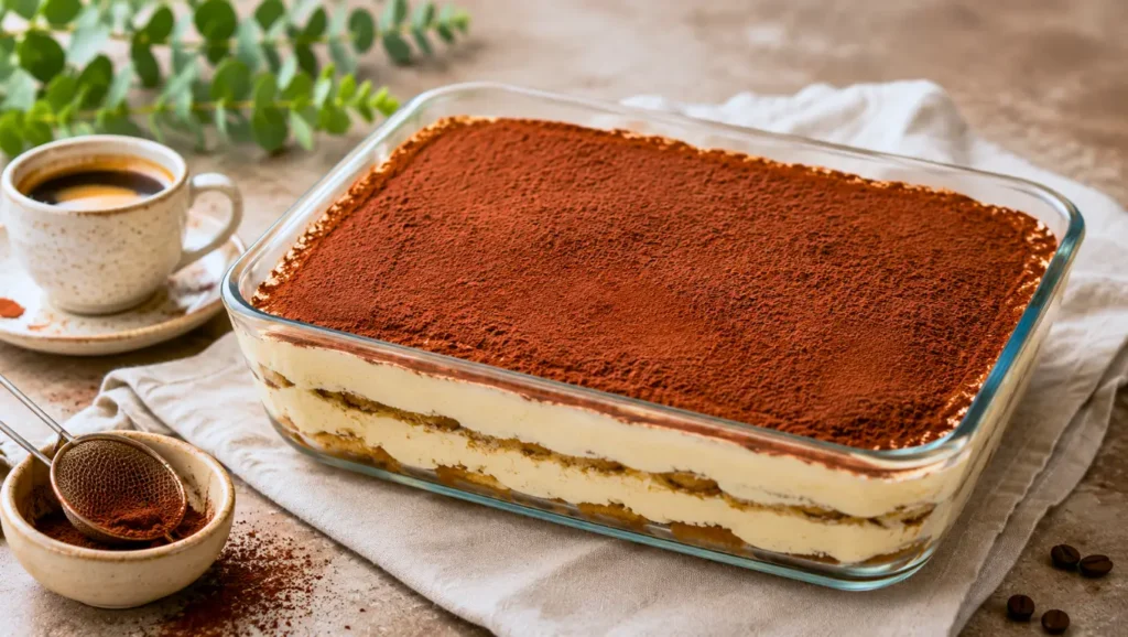 Tiramisu à la ricotta dans un plat en verre, recouvert de cacao et accompagné d’un café