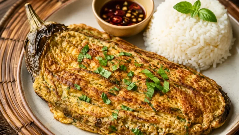 Tortang talong philippin, aubergine entière rôtie puis dorée aux œufs, servie avec du riz blanc et une sauce soja pimentée.
