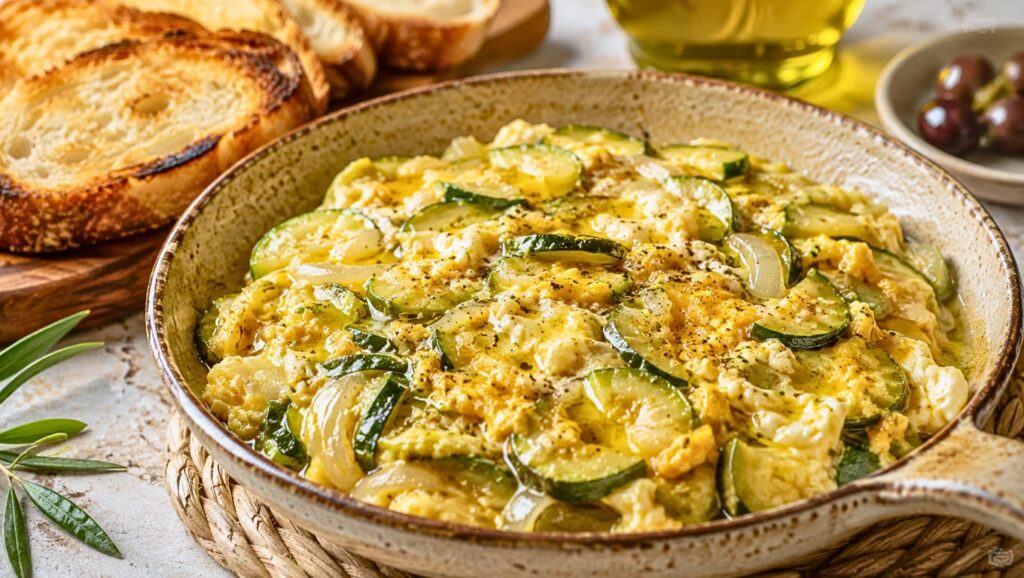 Zarangollo espagnol aux courgettes fondantes, oignons confits et œufs à peine pris, servi avec du pain grillé