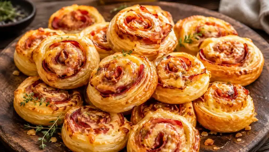 Feuilletés roulés au chorizo et au fromage, dorés et croustillants, servis sur un plateau en bois