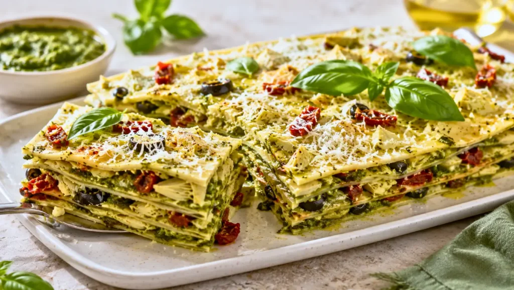 Lasagnes froides au pesto, tomates séchées, olives noires et artichauts, servies en couches avec du parmesan et du basilic frais.