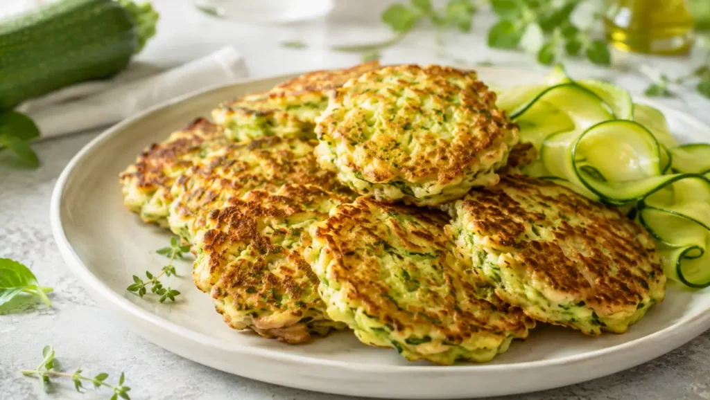 Pancakes salés à la courgette et à la farine de sarrasin, dorés et servis chauds avec de fines lamelles de courgette.