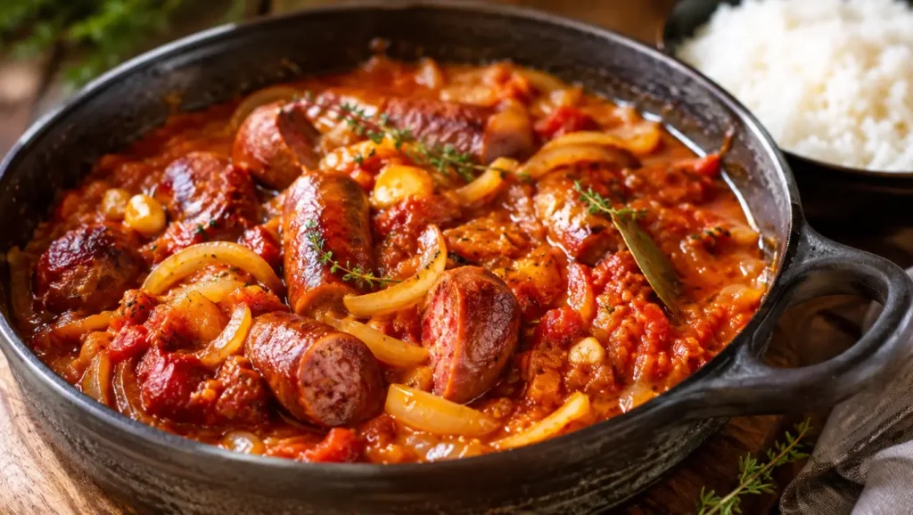 Saucisses fumées mijotées avec tomates, oignons, ail et herbes dans une cocotte, servies avec un bol de riz blanc.