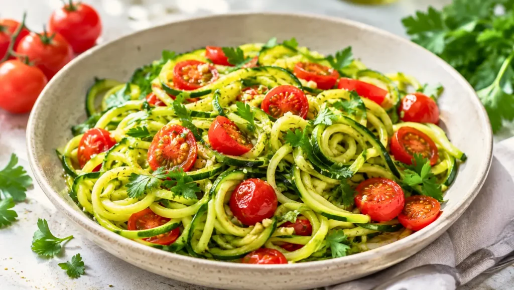 Assiette de spaghetti de courgettes aux tomates cerises, ail et persil