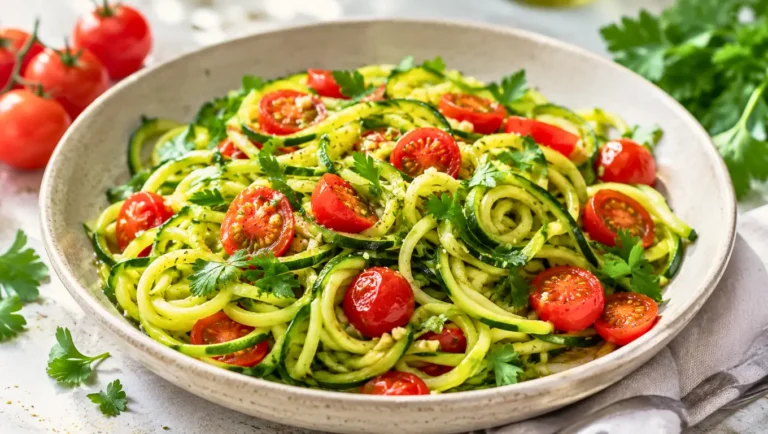 Assiette de spaghetti de courgettes aux tomates cerises, ail et persil