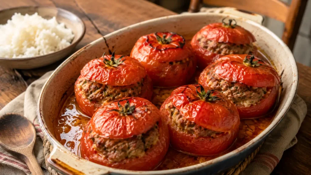 Tomates farcies à la chair à saucisse servies chaudes dans un plat, nappées de leur jus de cuisson