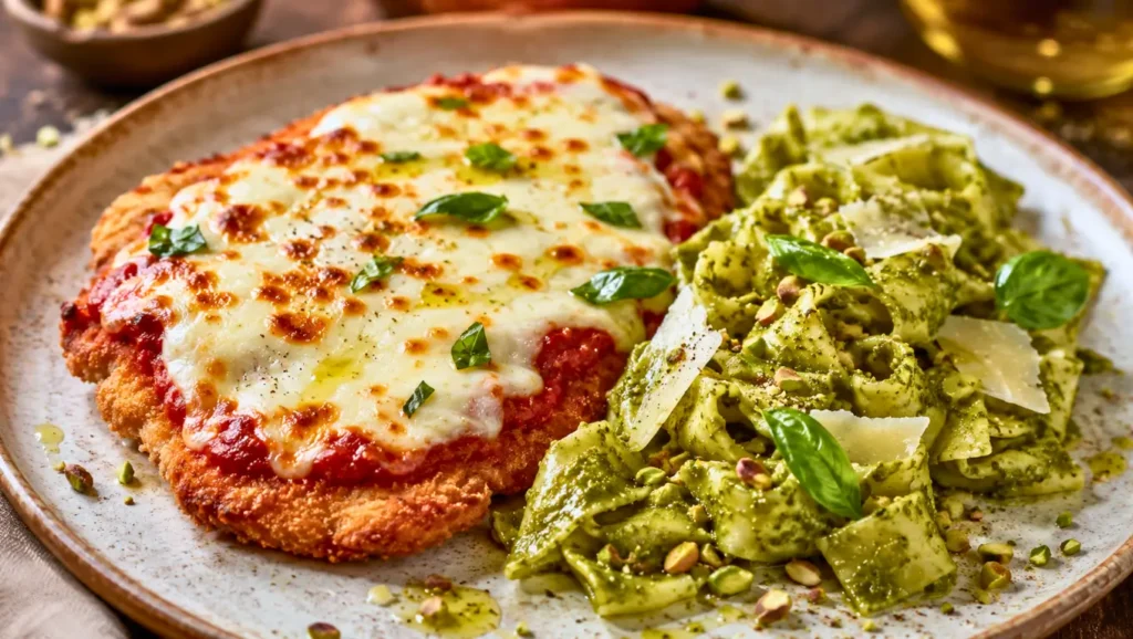 Escalope de veau panée gratinée à la tomate et mozzarella, servie avec des pâtes au pesto de pistache et parmesan.