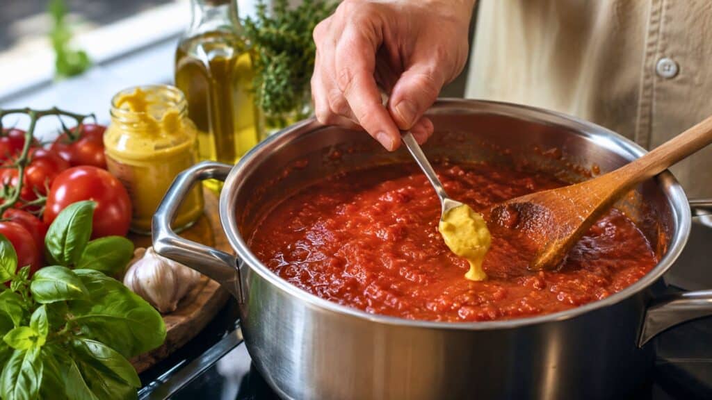 Ajout d’une cuillère de moutarde dans une sauce tomate maison en fin de cuisson