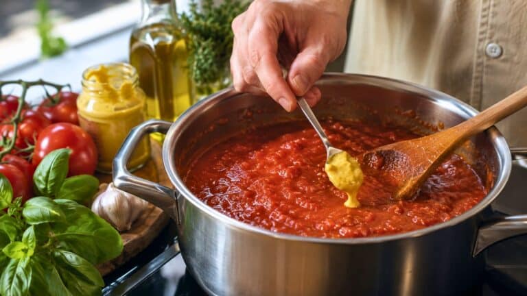 Ajout d’une cuillère de moutarde dans une sauce tomate maison en fin de cuisson