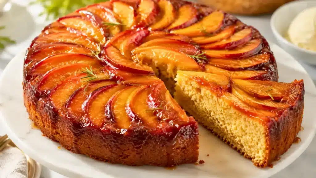 Gâteau renversé aux nectarines caramélisées avec une touche de romarin, présenté sur un plat de service.