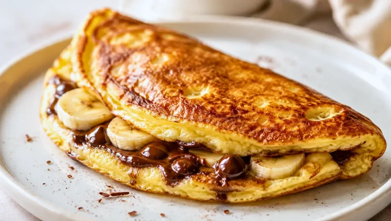Omelette sucrée banane-chocolat, dorée à la poêle, garnie de rondelles de banane et de chocolat fondu.