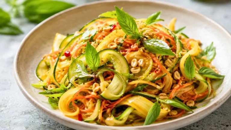 Salade de courgettes crues en rubans avec carotte, cacahuètes, basilic thaï et sauce au citron vert