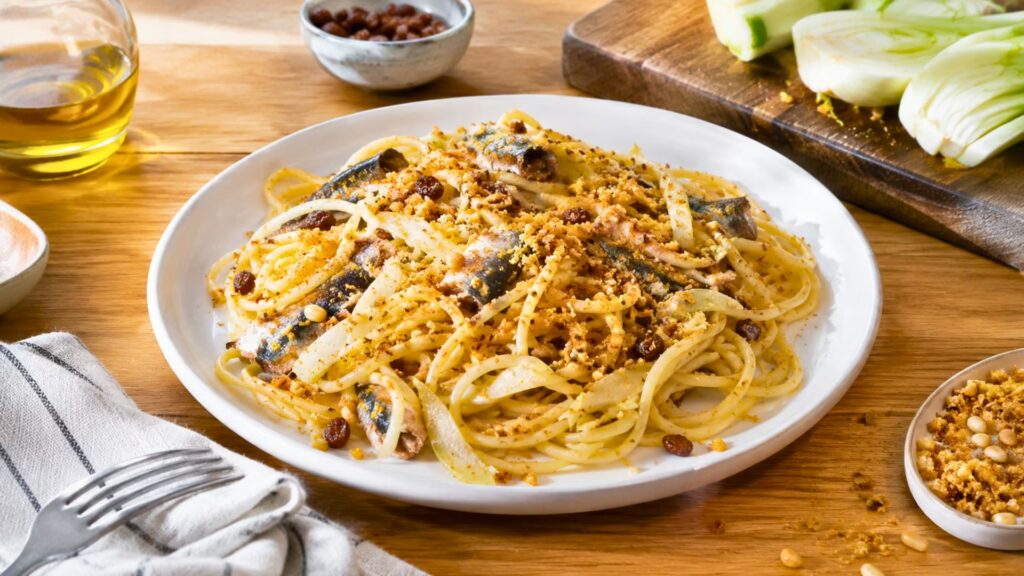 Assiette de pasta con le sarde aux sardines, fenouil, raisins secs, pignons et chapelure dorée sur une table en bois.