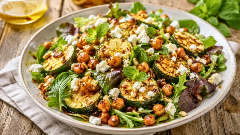 Salade tiède de courgettes rôties et pois chiches au paprika fumé, avec feta, pignons et mesclun.