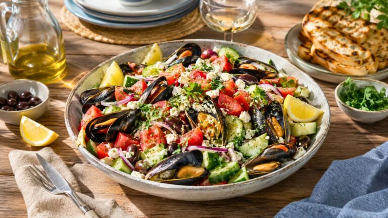 Salade de moules à la grecque avec tomates, concombre, feta, olives, oignon rouge et quartiers de citron sur une table en bois.