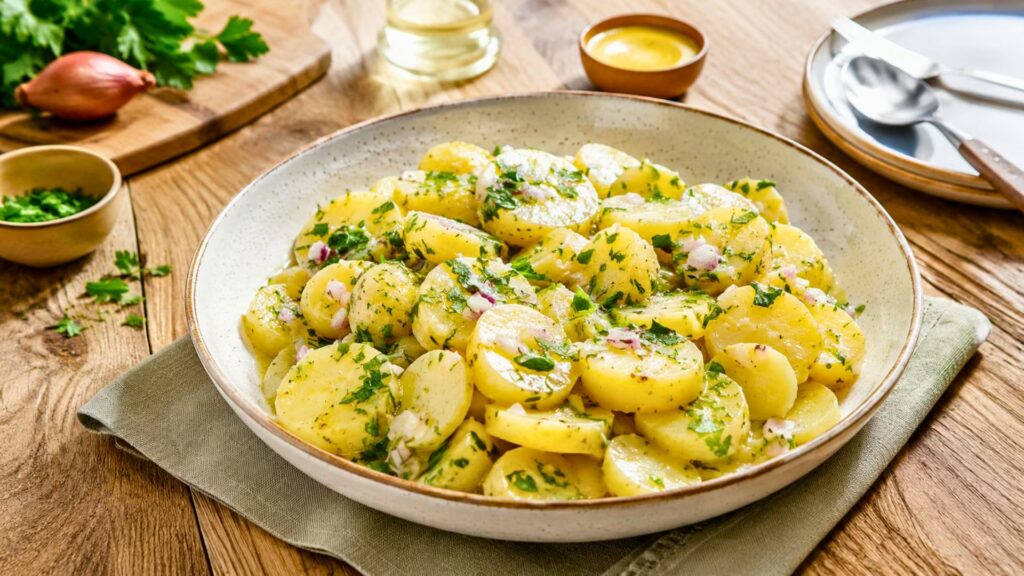 Salade de pommes de terre tiède à la moutarde, au vin blanc, aux échalotes et au persil dans un plat en céramique