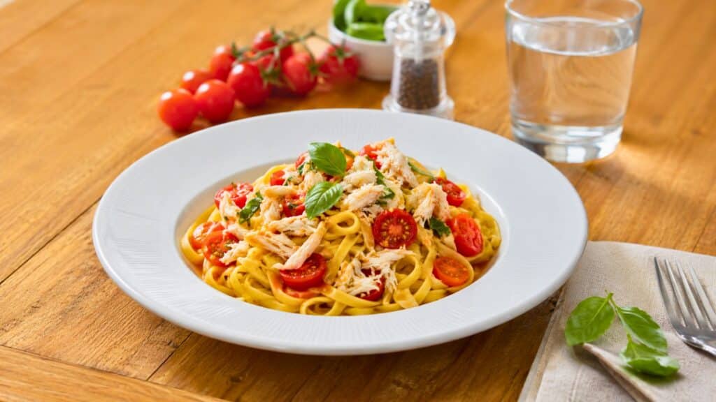 Assiette de tagliatelles fraîches au tourteau, tomates cerises et basilic sur une table en bois