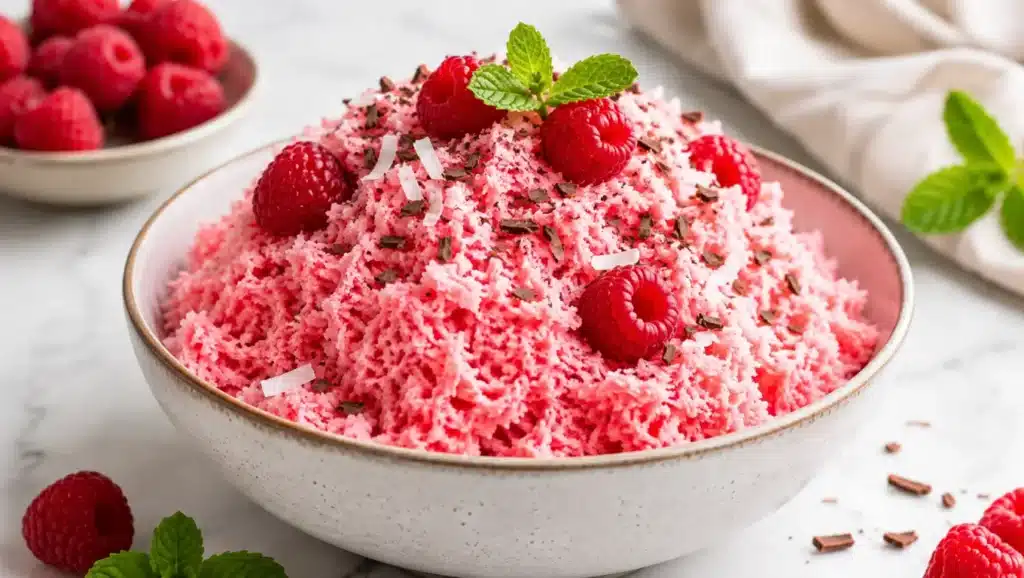 Glace minute façon granité de framboises râpées, servie dans un bol avec framboises fraîches, menthe, coco et copeaux de chocolat.