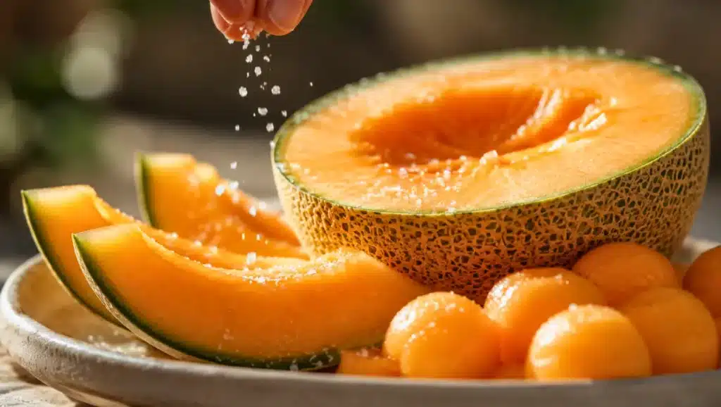 Tranches de melon frais servies dans une assiette avec une légère pincée de sel