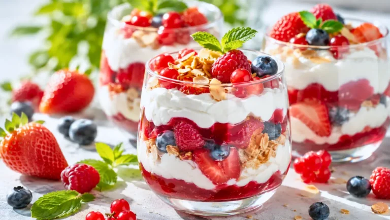 Verrines de fromage blanc fouetté aux fruits rouges, servies bien fraîches sur une table lumineuse