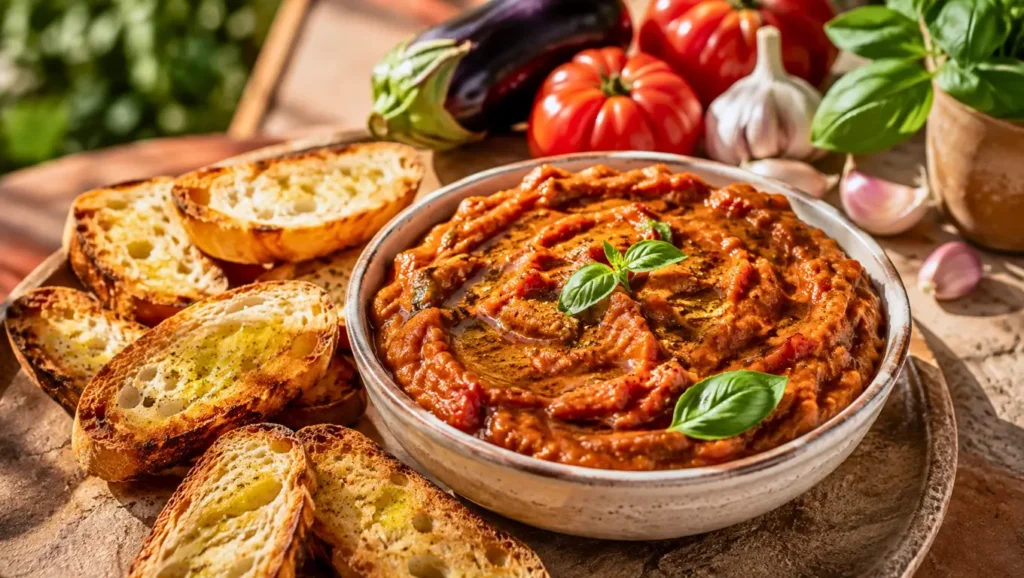 Tartinable d’aubergine confite et tomate compotée au basilic, servi dans un bol avec du pain grillé.