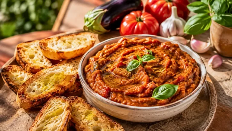 Tartinable d’aubergine confite et tomate compotée au basilic, servi dans un bol avec du pain grillé.