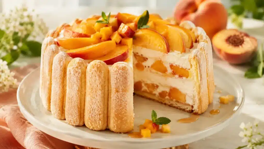 Charlotte aux pêches sans cuisson, dressée avec biscuits à la cuillère, crème vanillée au mascarpone et morceaux de pêches fraîches.