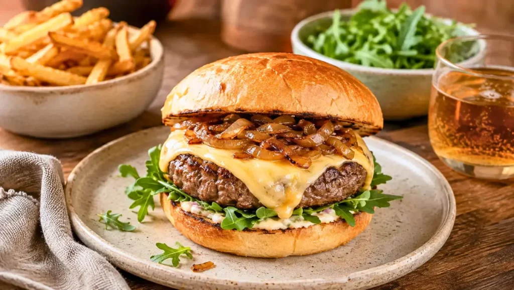 Burger garni de fromage fondant, steak haché, oignons caramélisés et roquette fraîche.