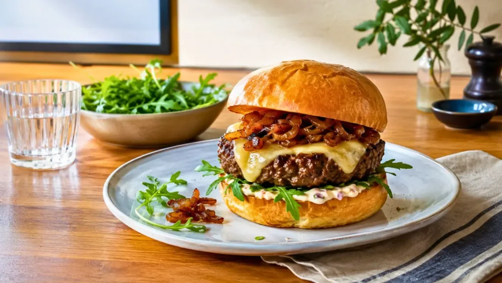 Burger au curé nantais fondu avec steak haché, oignons confits, roquette et mayonnaise à l’échalote.