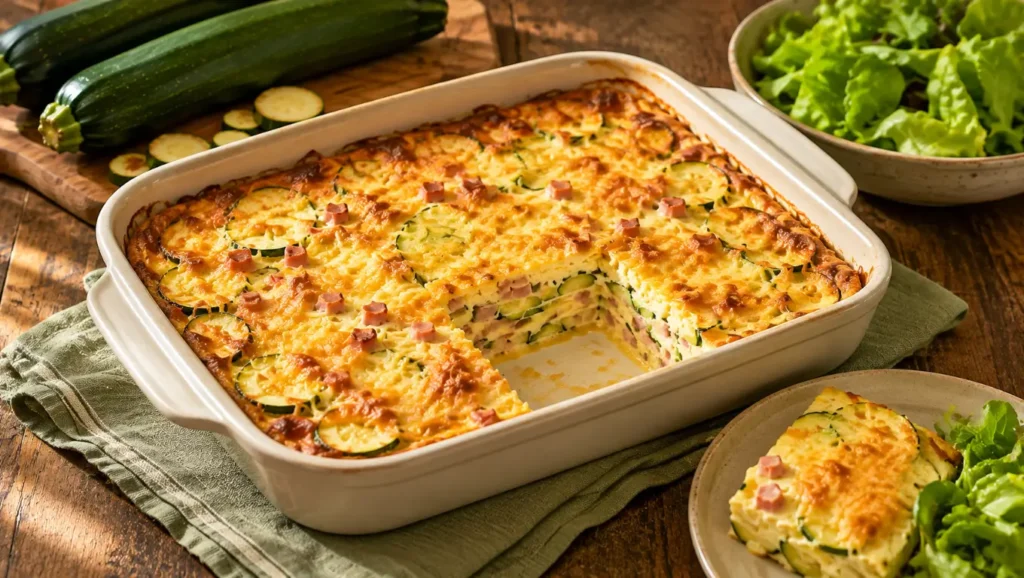 Gratin de courgettes au jambon et emmental doré servi avec une salade verte.