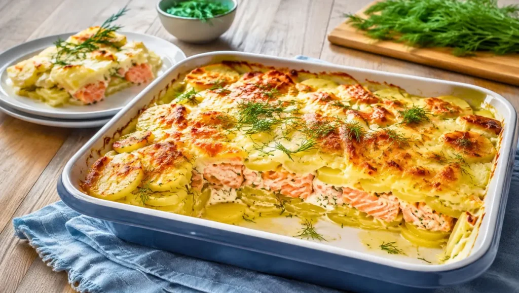 Gratin de pommes de terre au saumon et à l’aneth dans un plat à gratin, avec des couches visibles et un dessus doré.