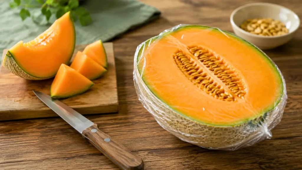 Un demi-melon avec ses graines conservé sous film alimentaire après la découpe.