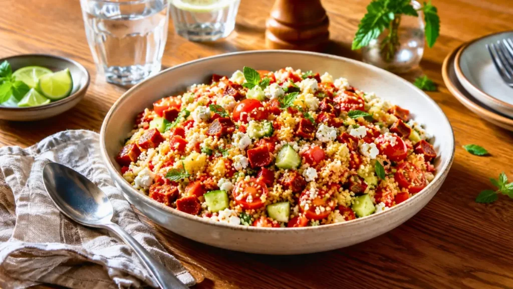 Taboulé gaspacho-chorizo sans cuisson avec tomates cerises, concombre, feta et herbes fraîches