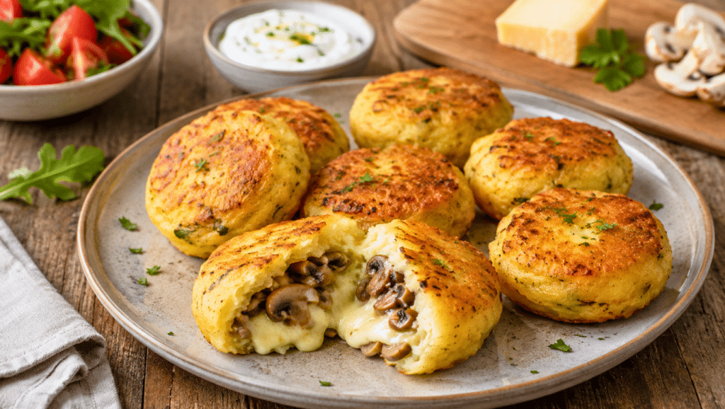 Bouchées dorées de pommes de terre garnies de comté fondu et de champignons.