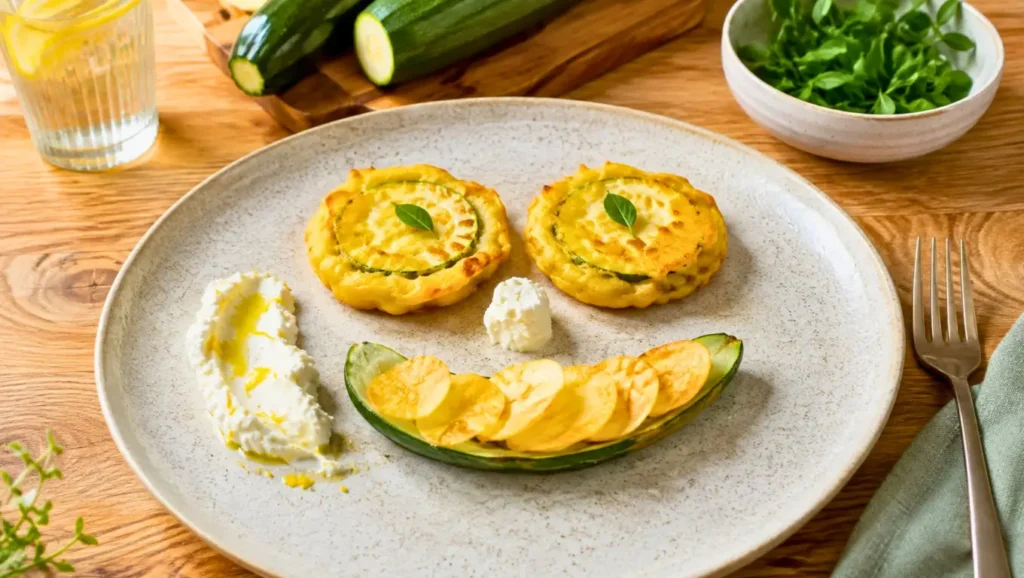 Assiette de courgettes en tempura avec fromage frais citronné et chips, dressée en forme de visage.