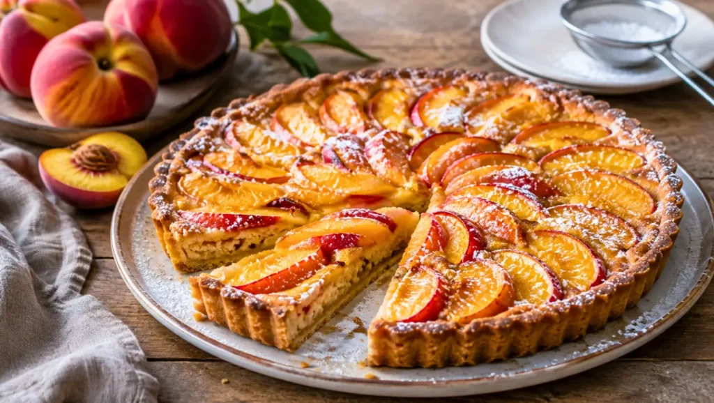 Tarte amandine dorée garnie de pêches juteuses sur une table en bois.