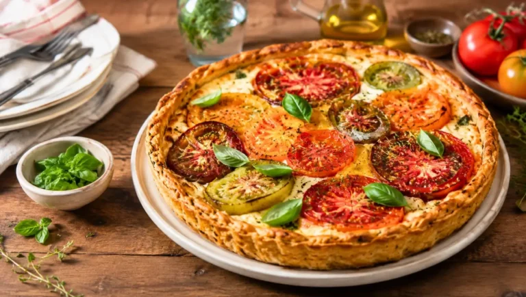 Tarte aux tomates anciennes multicolores, ricotta, chèvre frais et basilic sur une pâte croustillante