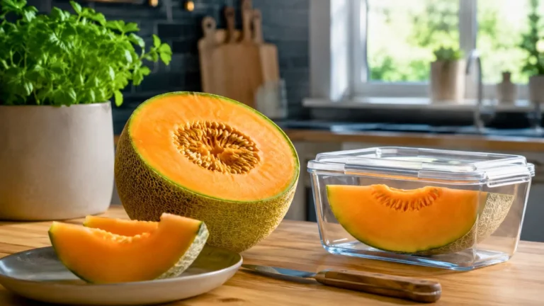 Demi-melon coupé posé sur un plan de travail avec une tranche servie et un morceau conservé dans une boîte hermétique en cuisine lumineuse.