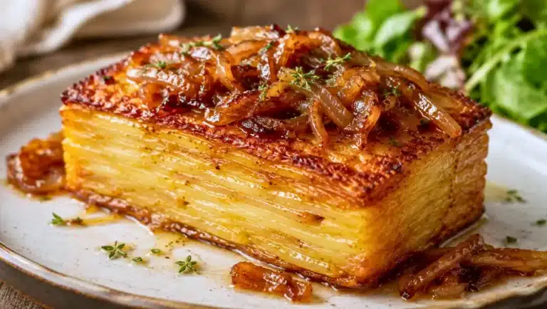 Millefeuille de pommes de terre croustillant au beurre d’ail, servi avec un confit d’oignons doré.