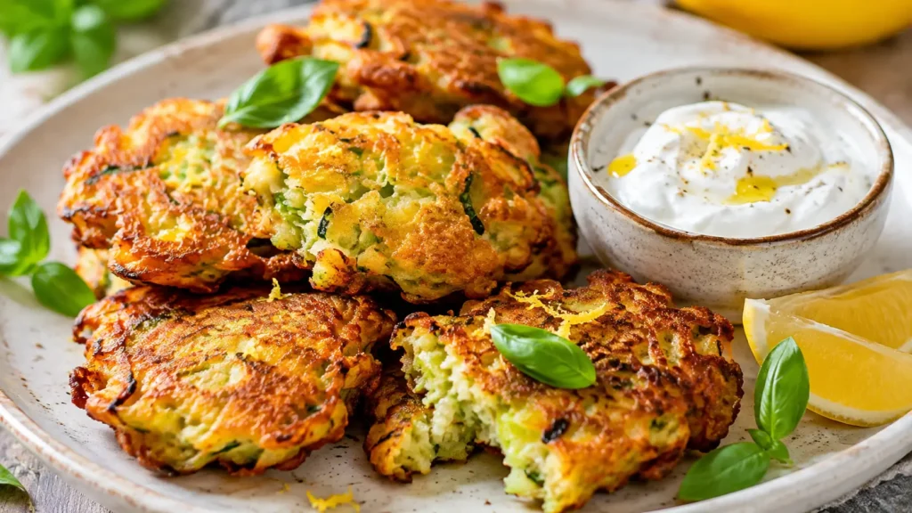 Beignets italiens de courgette râpée au parmesan, dorés et croustillants, servis avec une sauce au yaourt et des quartiers de citron.