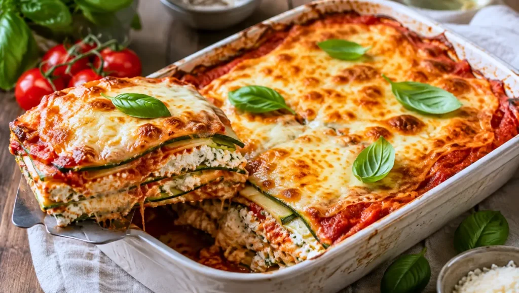 Lasagnes de courgettes à la ricotta, sauce tomate et mozzarella gratinée, servies dans un plat au four avec du basilic frais.