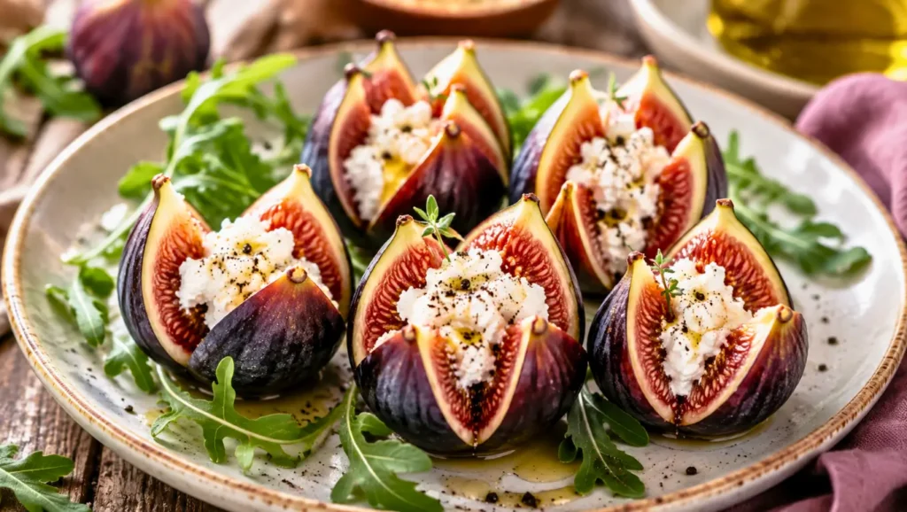 Figues fraîches ouvertes et garnies de fromage de chèvre frais et de poivre