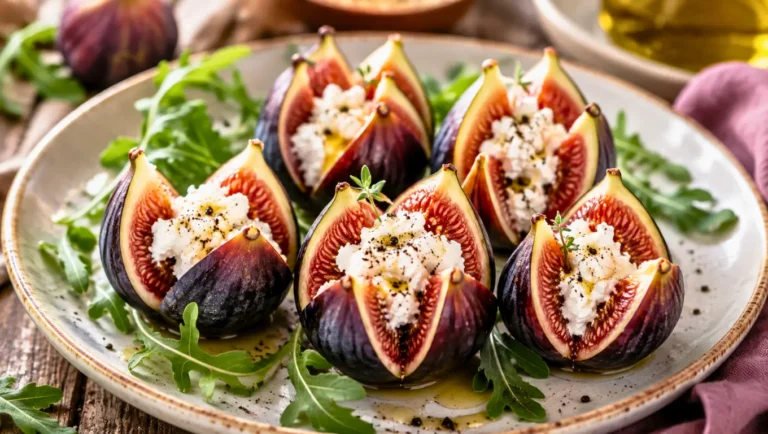 Figues fraîches ouvertes et garnies de fromage de chèvre frais et de poivre