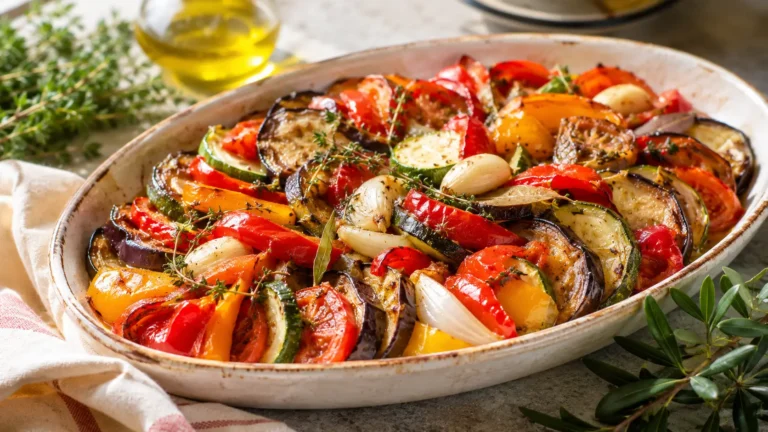 Ratatouille au four avec aubergines, courgettes, poivrons, tomates, oignons, ail et herbes rôtis dans un plat.